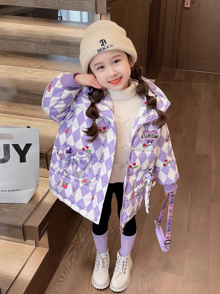 

Sanrios Girl Cotton Clothes Winter Kuromi New Thicken Hooded Medium Length Lattice Cartoon Winter Clothes Cotton Padded Jacket