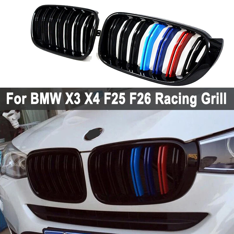 

A Pair For BMW F25 F26 X3 X4 2014-2018 Bumper Gloss Matt Black M Color 2 Line Slat Kidney Grill Grille Front Bumper Racing Grill