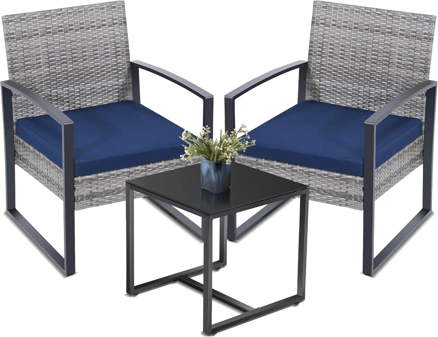 3 Pieces Patio Outdoor Wicker Bistro Furniture Set, Conversation Set, 2 Chairs Plus Table, for Porch, Balcony, Patio, Grey Frame