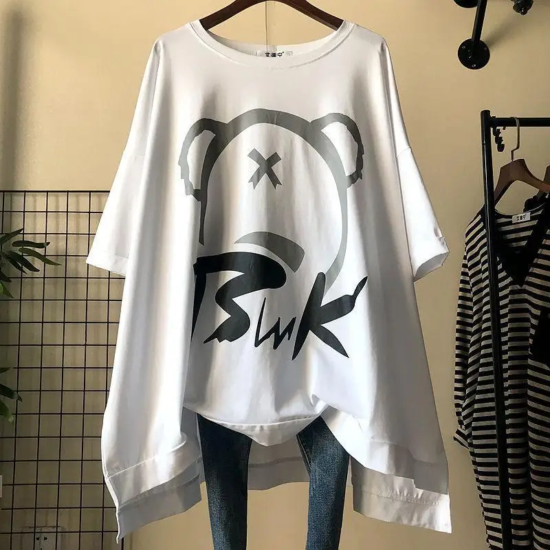 Camisetas holgadas con estampado de dibujos animados para mujer, camiseta de media manga con cuello redondo de gran tamaño, ropa informal de moda de