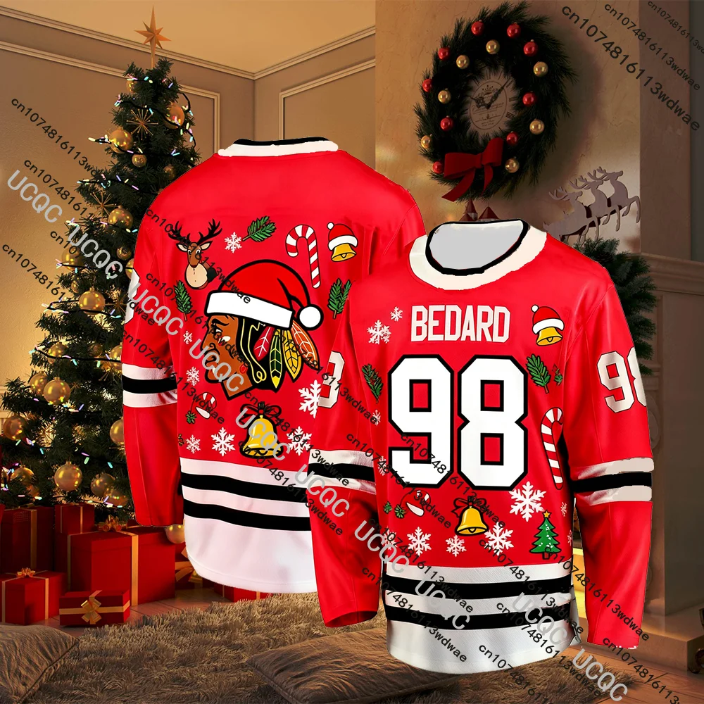 عيد الميلاد تحت عنوان BEDARD No.98 هوكي الجليد رجل جيرسي شيكاغو عيد الميلاد طبعة محدودة الهوكي جيرسي المشجعين هدية الكريسماس تي شيرت #4