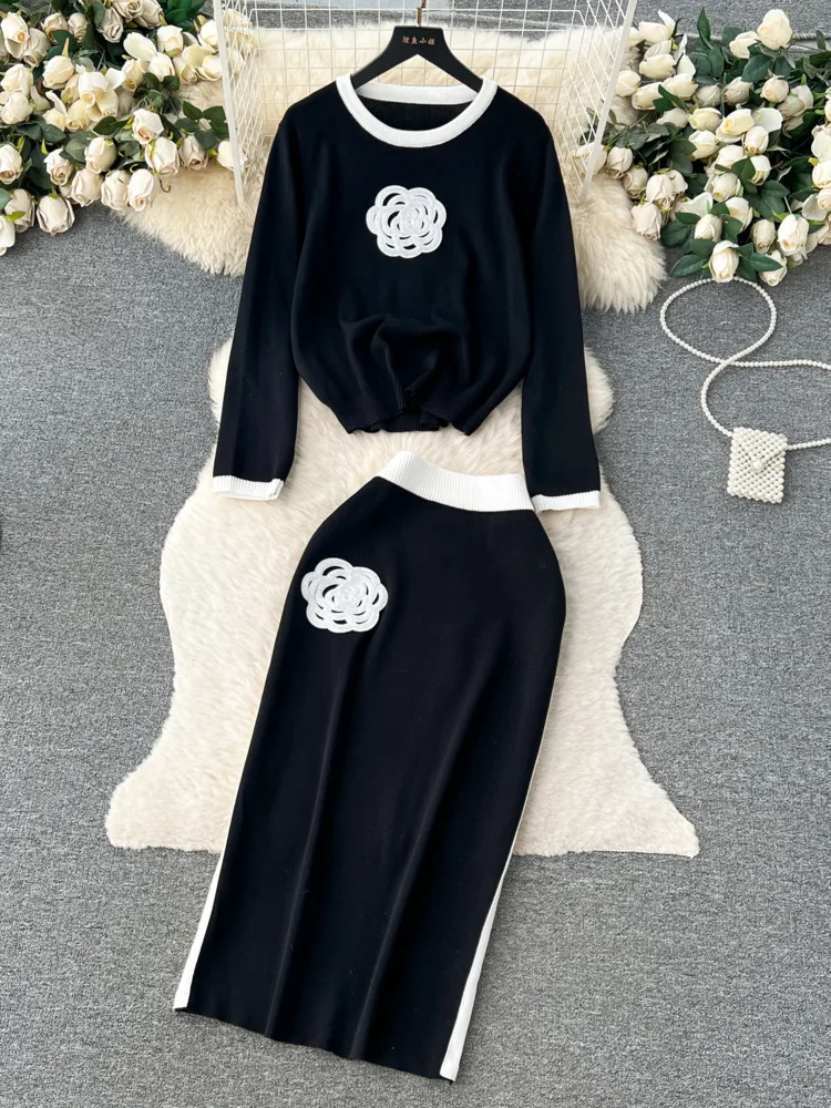 Elegant Two Piece Knit Set Autumn Winter Flower Design Long Sleeve Pullover Elastic Waist Long Skirt Fashion Sweater Suit