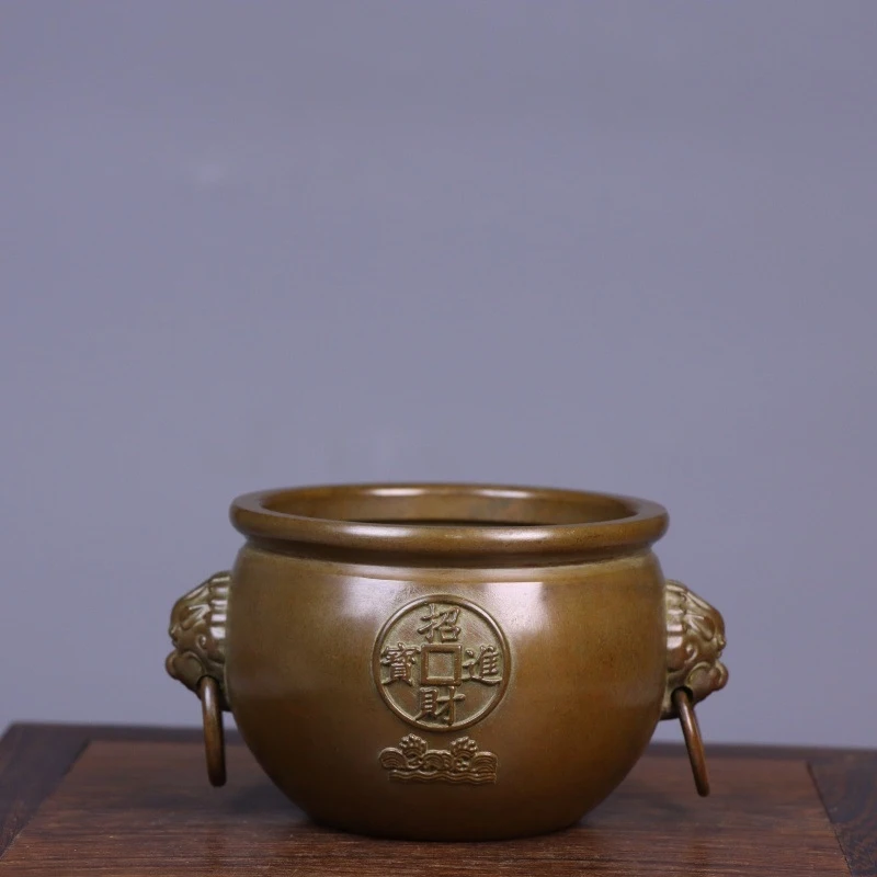 All-copper double lion head rice jar, decoration, antique collectible, suitable for home tables, entrance halls, office des