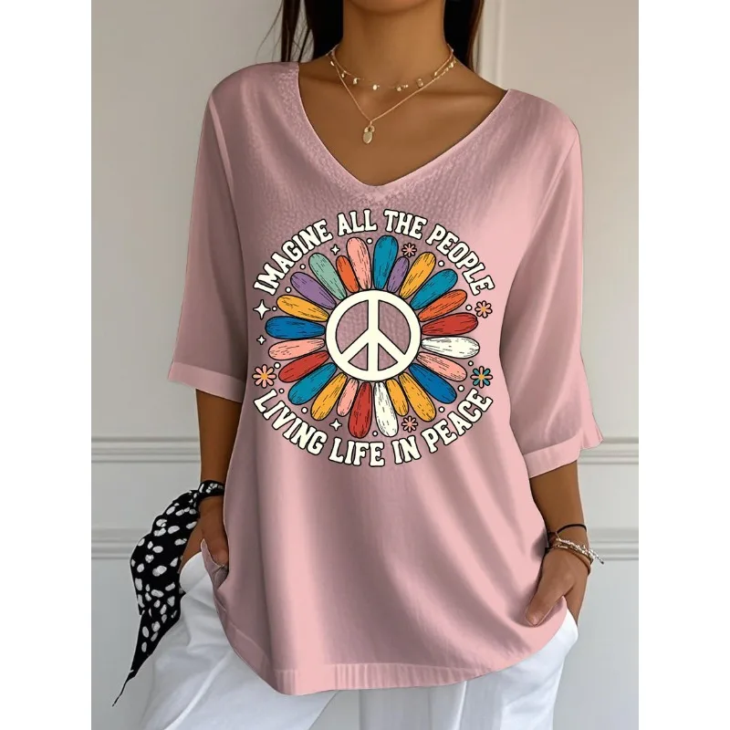 ilstile Women's Living Life In Peace Letter Print T-Shirts Summer 3/4 Sleeve Casual Loose T Shirt V Neck Tops Tees NEW