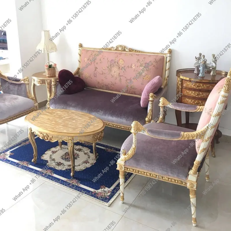 

French luxury beech heavy industry engraving fabric sofa pink purple small apartment designer light luxury