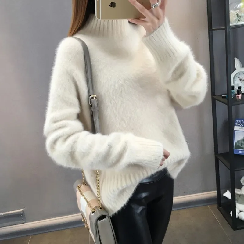 Pullover Cardigan Sweater Thickened mink down 2023 new fall/winter Korean version loose outer wear semi-turtleneck bottom