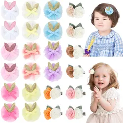 2Pcs Sweet Mesh Hair Clips For Girls Cute Flower Hairpins Barrettes Kids Hair Decor Accessories Glitter Rabbit Ears Hair Clip