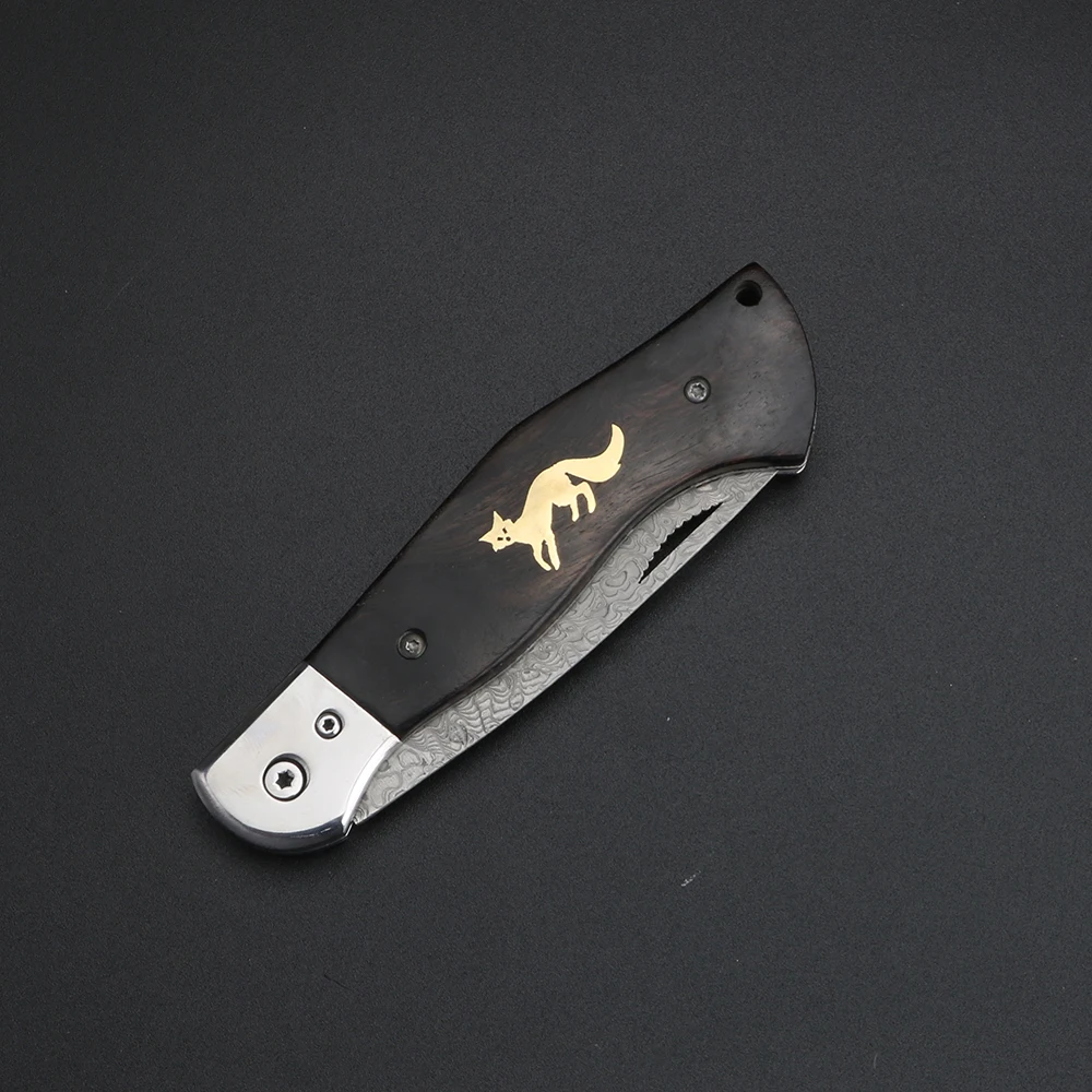 Cuchillo plegable con mango de sándalo Fox, cuchillo de Damasco de alta dureza para exteriores, cuchillo de caza para acampar