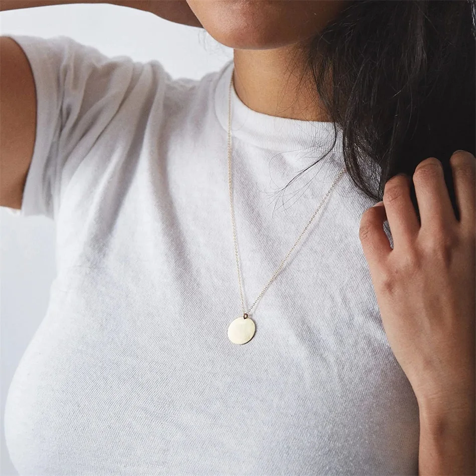 Minimalist Round Pendant Necklace for Women Stainless Steel Clavicle Necklace Long Chain Fashion Jewelry Statement Girl Gift