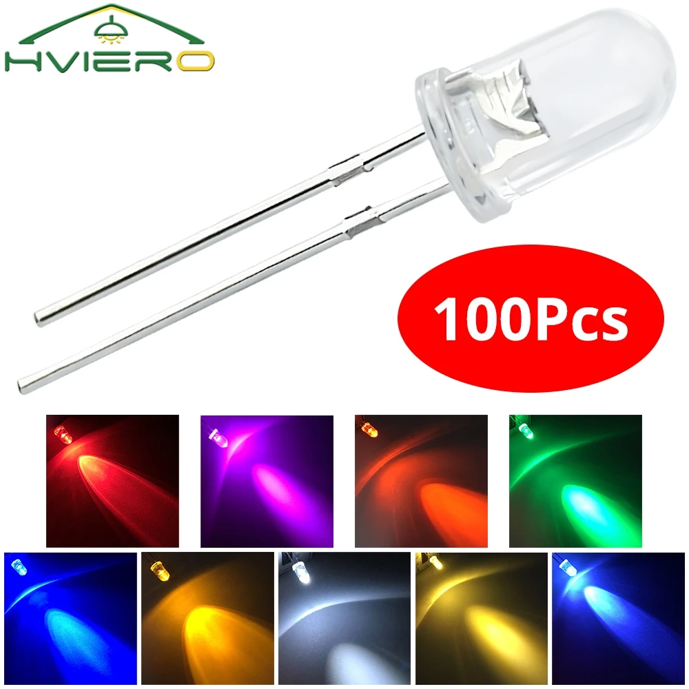100X F5 5mm Okrągły Biały Czerwony Zielony Niebieski Żółty Różowy Woda Przezroczysta Dioda Led Super Jasne Diody Emitujące Światło 6000-6500k Żarówka Lampa