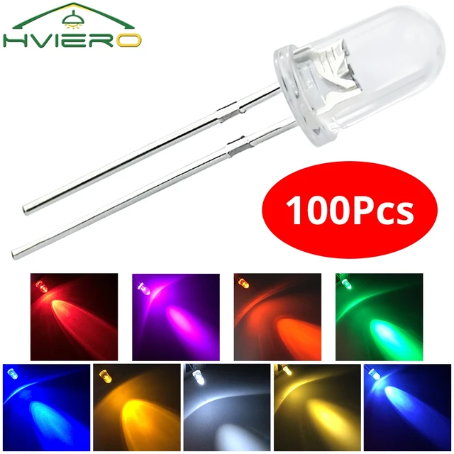 100X F5 5mm Okrągły Biały Czerwony Zielony Niebieski Żółty Różowy Woda Przezroczysta Dioda Led Super Jasne Diody Emitujące Światło 6000-6500k Żarówka Lampa