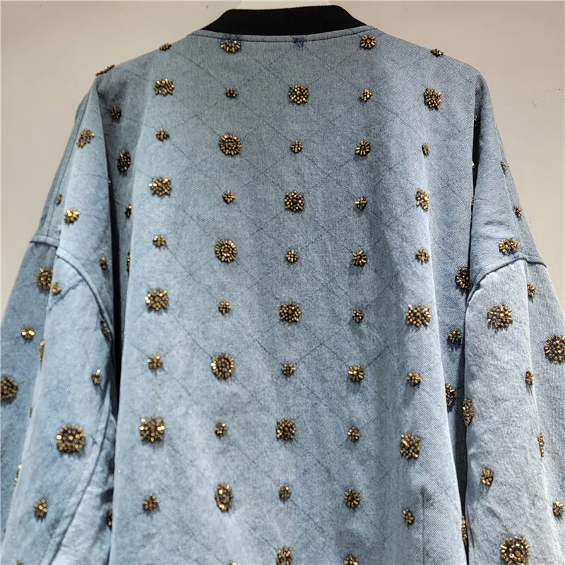 HKSH 봄 가을 신상 여성 데님 재킷 비즈 장식 컬러 블록 패치워크 스탠드 칼라 지퍼 우아한 인스 캐주얼 Y2K 코트 HK16168