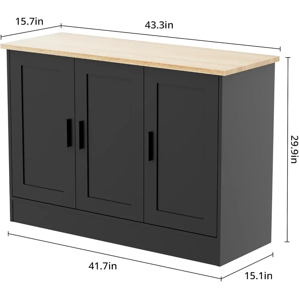 43.3”W Black 3 Door Buffet Cabinet, Coffee Bar Cabinet with Adjustable Shelf, Kitchen Buffet Sideboard for Living Room