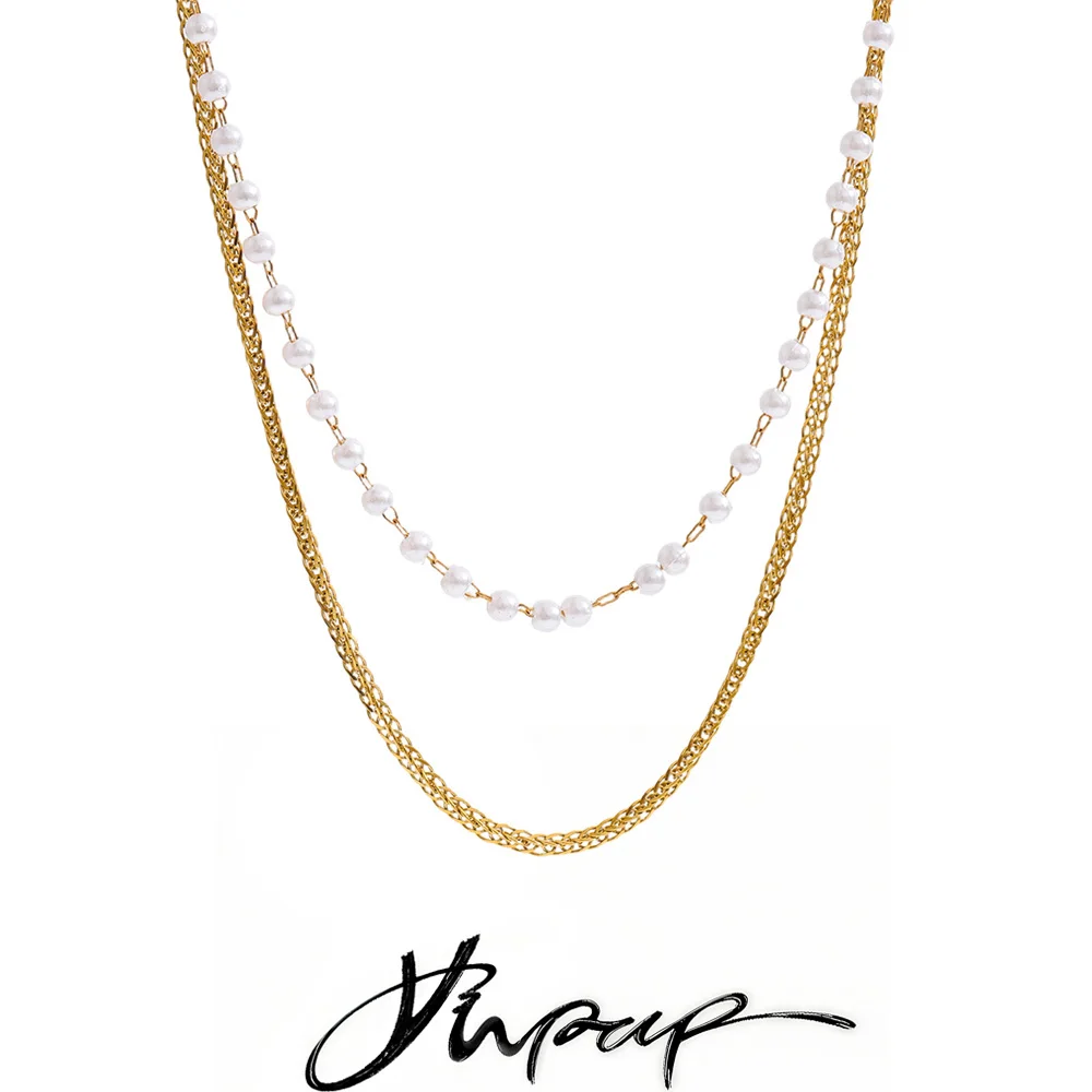 Yhpup Trendy Simulated Pearls Double-Layer Chain Overlay Necklace Stainless Steel Fashion Chic Collar Jewelry New Exquisite Gift