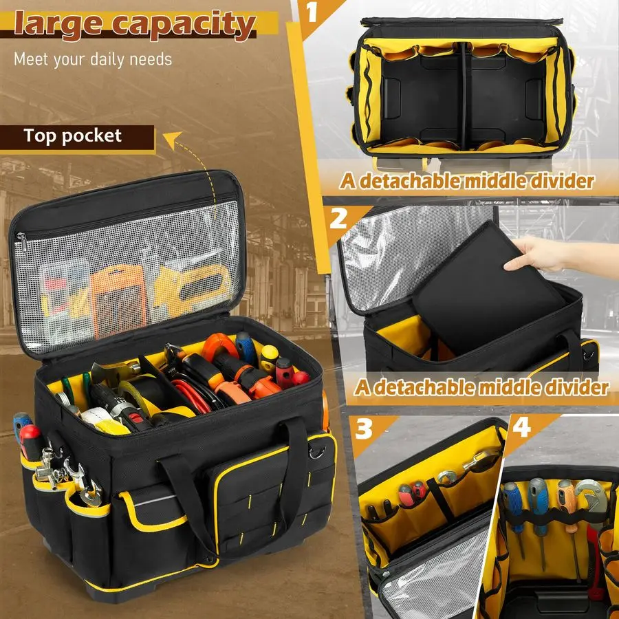 Borsa per attrezzi con fondo rigido e divisore staccabile, borsa per attrezzi resistente con tasche multiple, nera