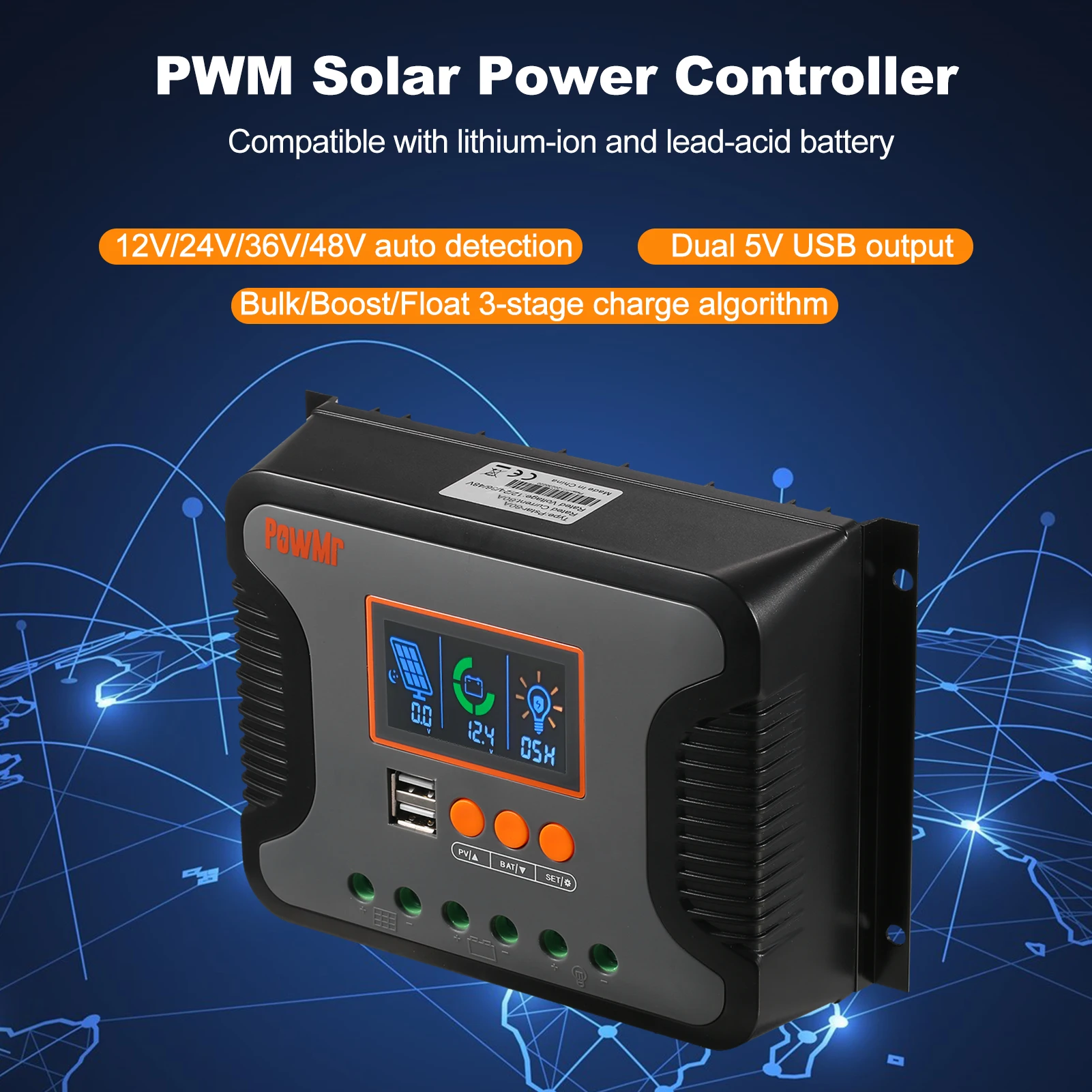 

80A Контроллер солнечной энергии ШИМ Контроллер зарядки аккумулятора 12 В-48 В Литиевая батарея Контроллер заряда солнечной батареи ЖК-дисплей зарядки