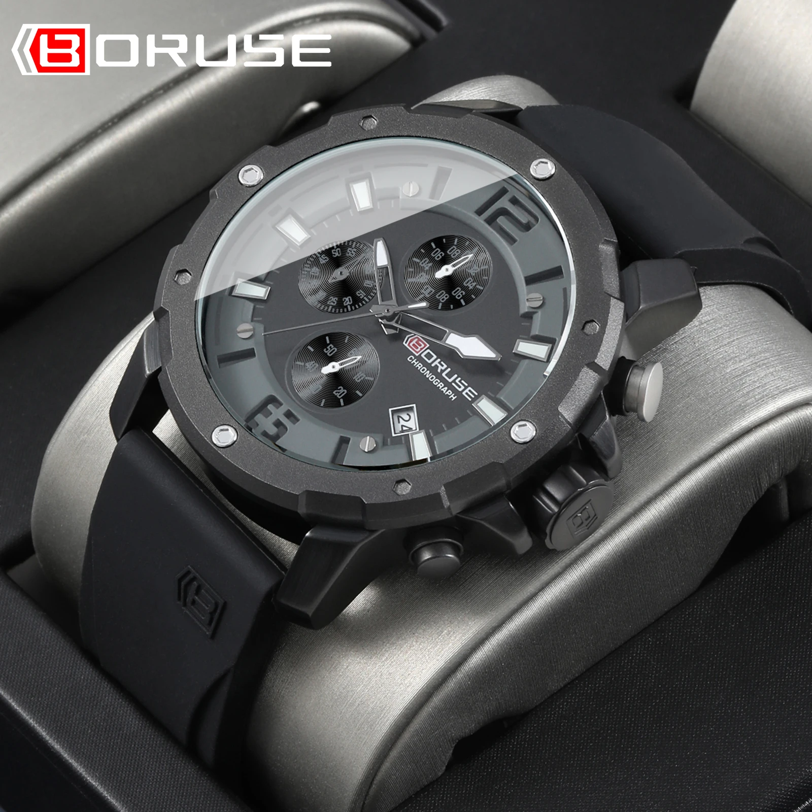 BORUSE Luxury Men Chronograph Silicone Quartz Watches for Men Business Casual Sports Waterproof Luminous Clock