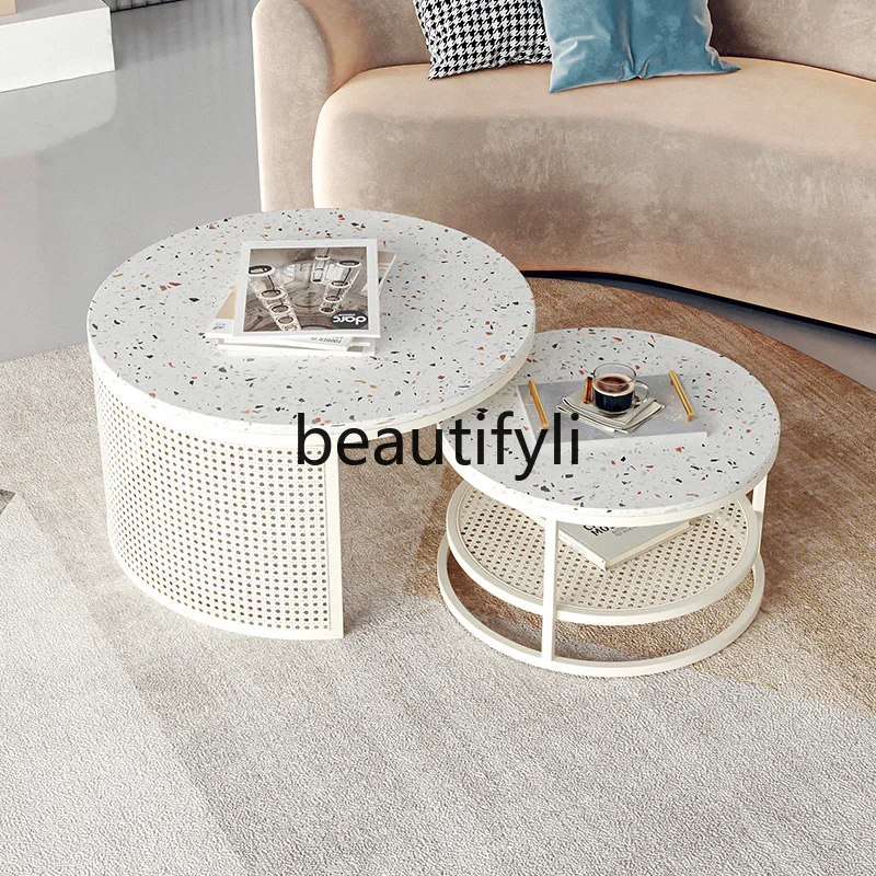 

Water-Milled Stone Round Coffee Table Modern Minimalist Small Apartment Balcony Small Coffee Table Living Room Household