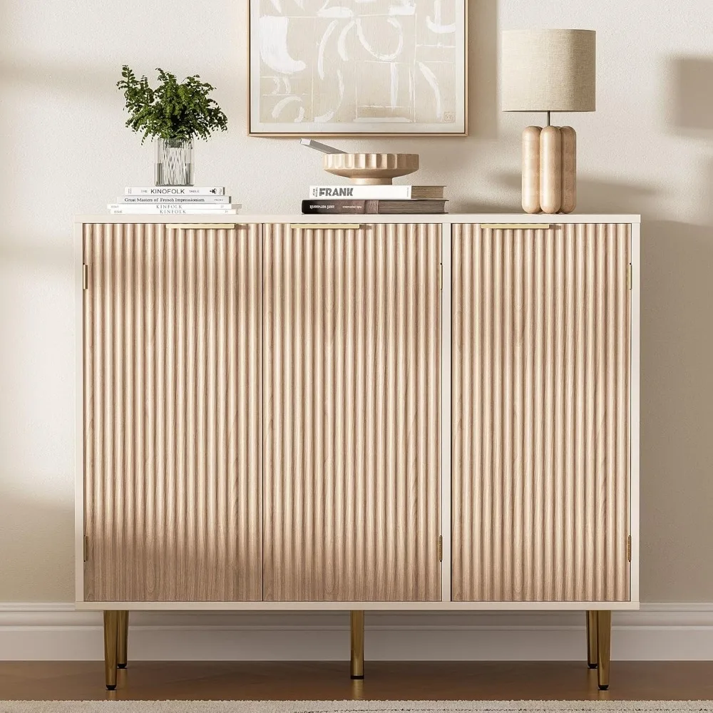 

Fluted Sideboard Buffet with 3 Doors, Modern Accent Cabinet with Adjustable Shelves, Kitchen Storage Cabinet with Golden Handles