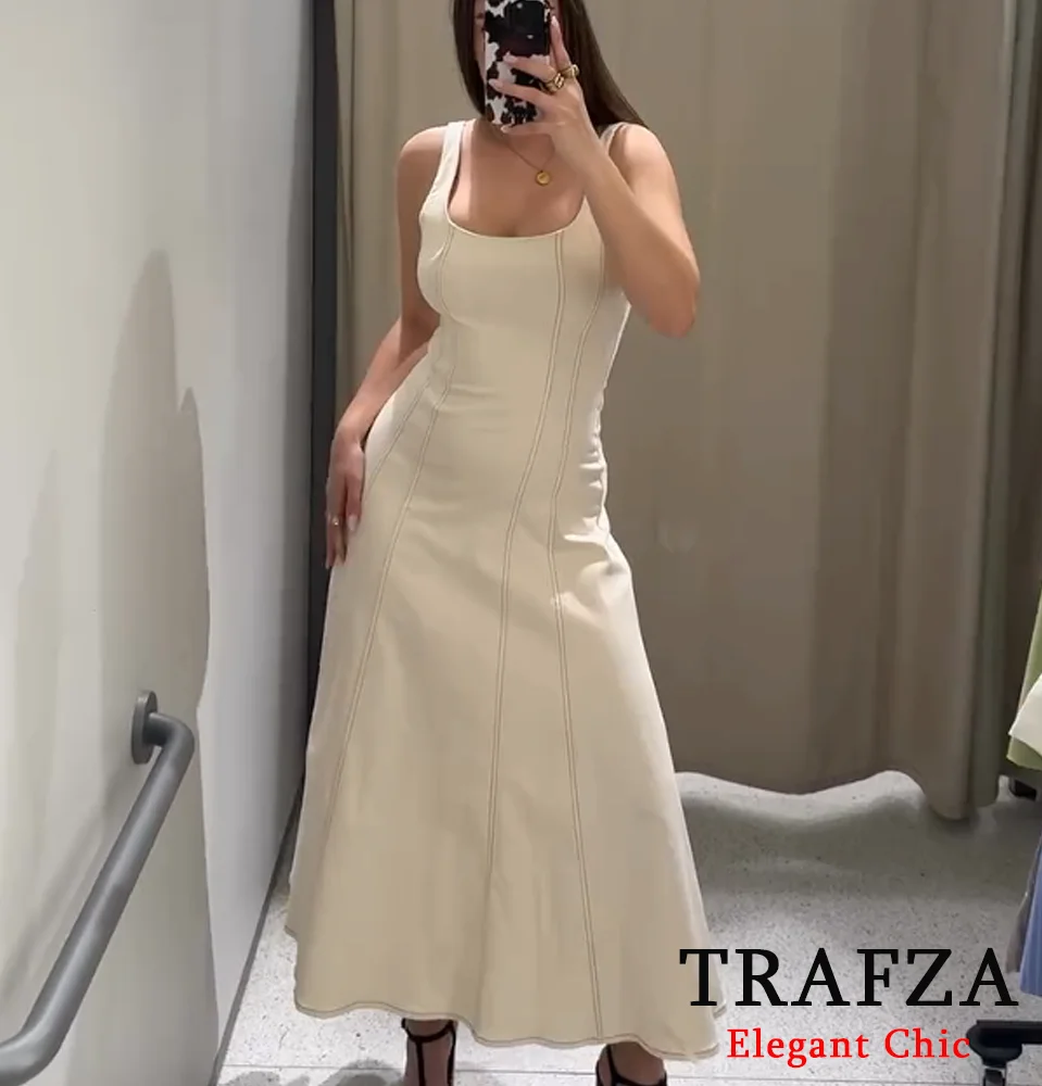

TRAFZA Women Elegant Midi Dress Minimalist Halter Bright Line Backless Dress 2025 New Summer Fashion Romantic Casual Dress