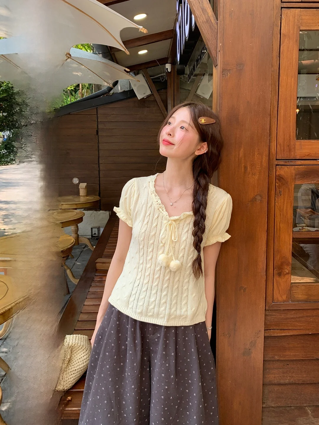 

Sweet Knot Ball Knitted Short Sleeve Vintage Anti-Aging Korean Style Gentle Personality Top Spring Season Girl's Fashion