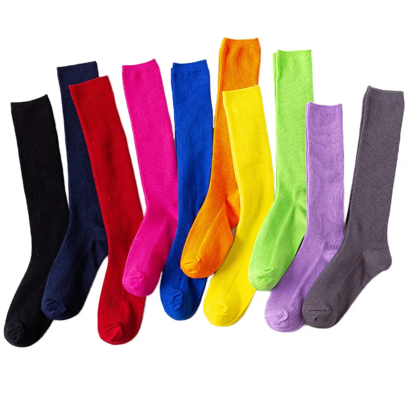 Chaussettes longues en coton coloré néon pour femmes, genou haut, monochromatique, Klein bleu, blanc, noir, jaune, gris, rouge, structurels ent d'écolière, Harajuku