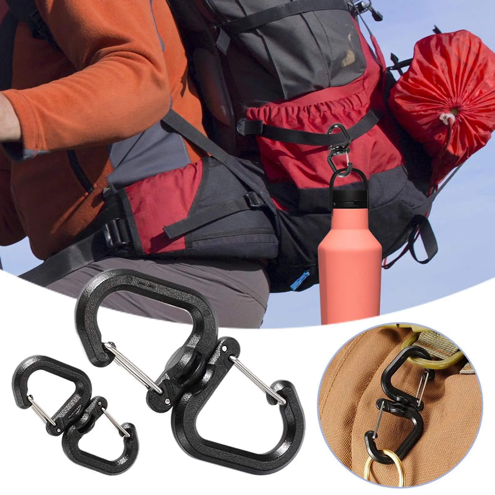 Safety Rope Clip Double Carabiner Portable S-Hook 360 Rotating Hook Backpack Hook Multifunctional Outdoor Camping Accessory