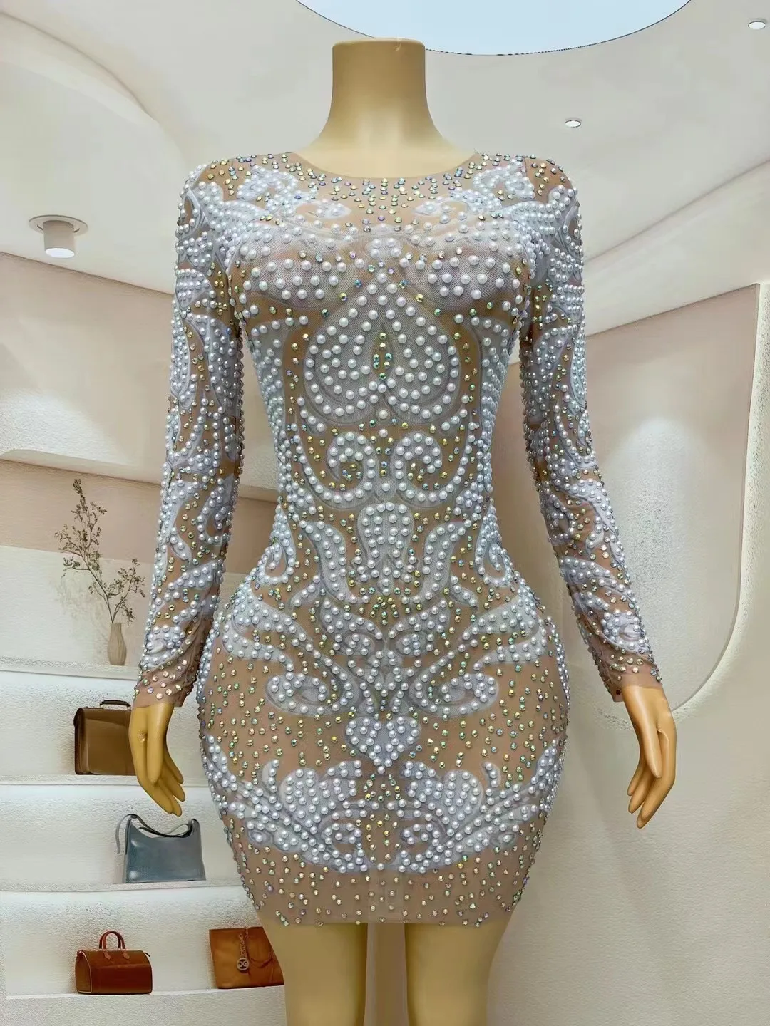 

New AB Rhinestones Pearls Sexy Transparent Dress Birthday Graduation Celebrate Dance Long Sleeves Outfit Singer Costume baijie