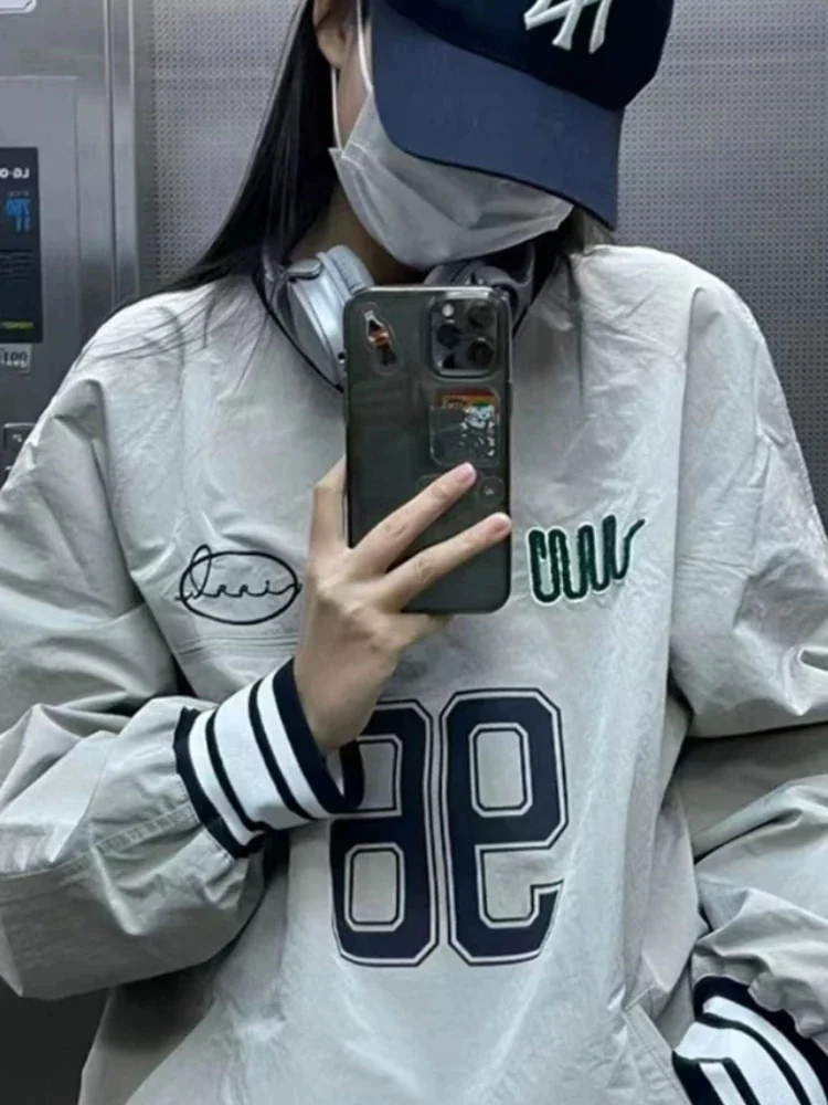 Kpop Sweatshirts Women Vintage Y2k V-neck Sports Tops Oversized Korean Streetwear Hip Hop Female Printed Thin Hoodies