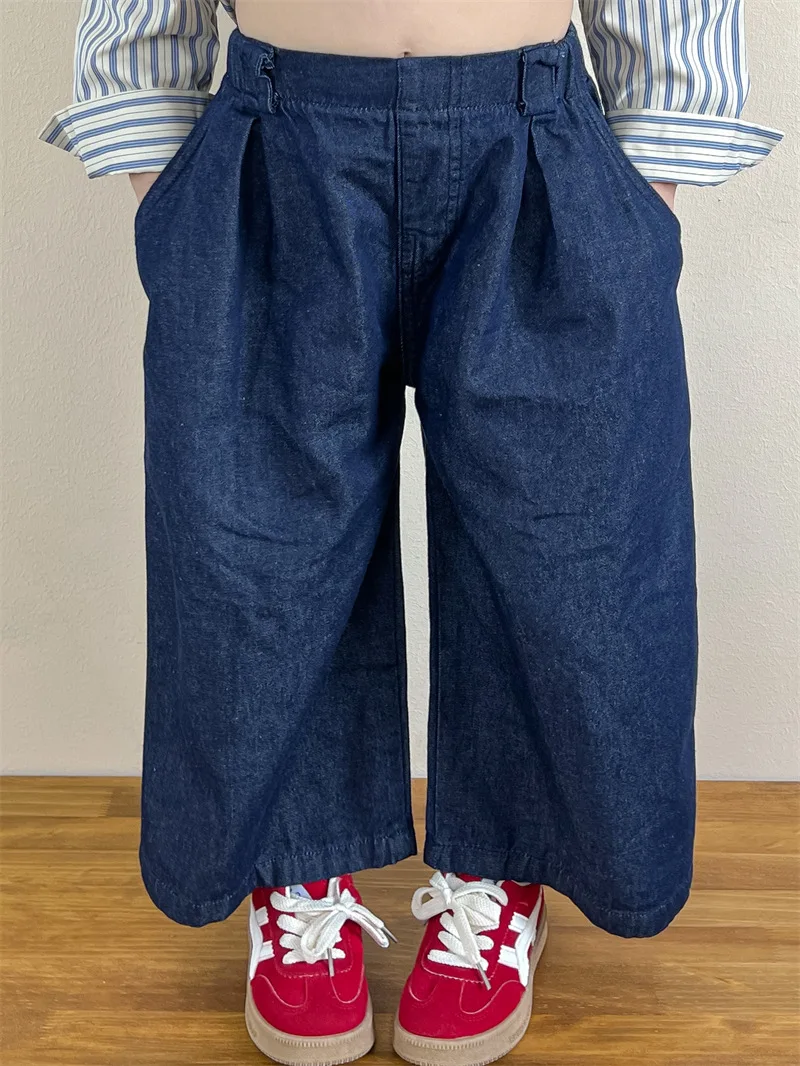 Camisa de manga larga con capucha a rayas coreanas para niñas, cubierta de pantalones vaqueros suaves de pierna ancha recta de cintura alta, primavera y otoño