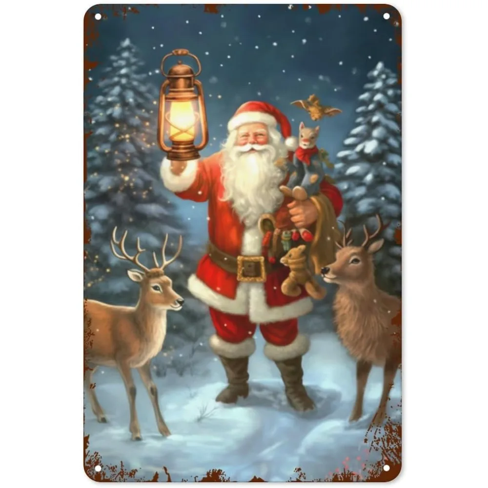 Holiday Seasonal Merry Christmas Tin - Vintage Santa Claus Metal Sign, Wall Decor for Home Office Shop