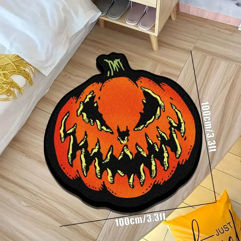 VIKAMA Halloween Pumpkin Shaped Rug Non‑Slip Scary Face Floor Mat Novelty Irregular Decor Rug for Living Room Indoor Home Decor