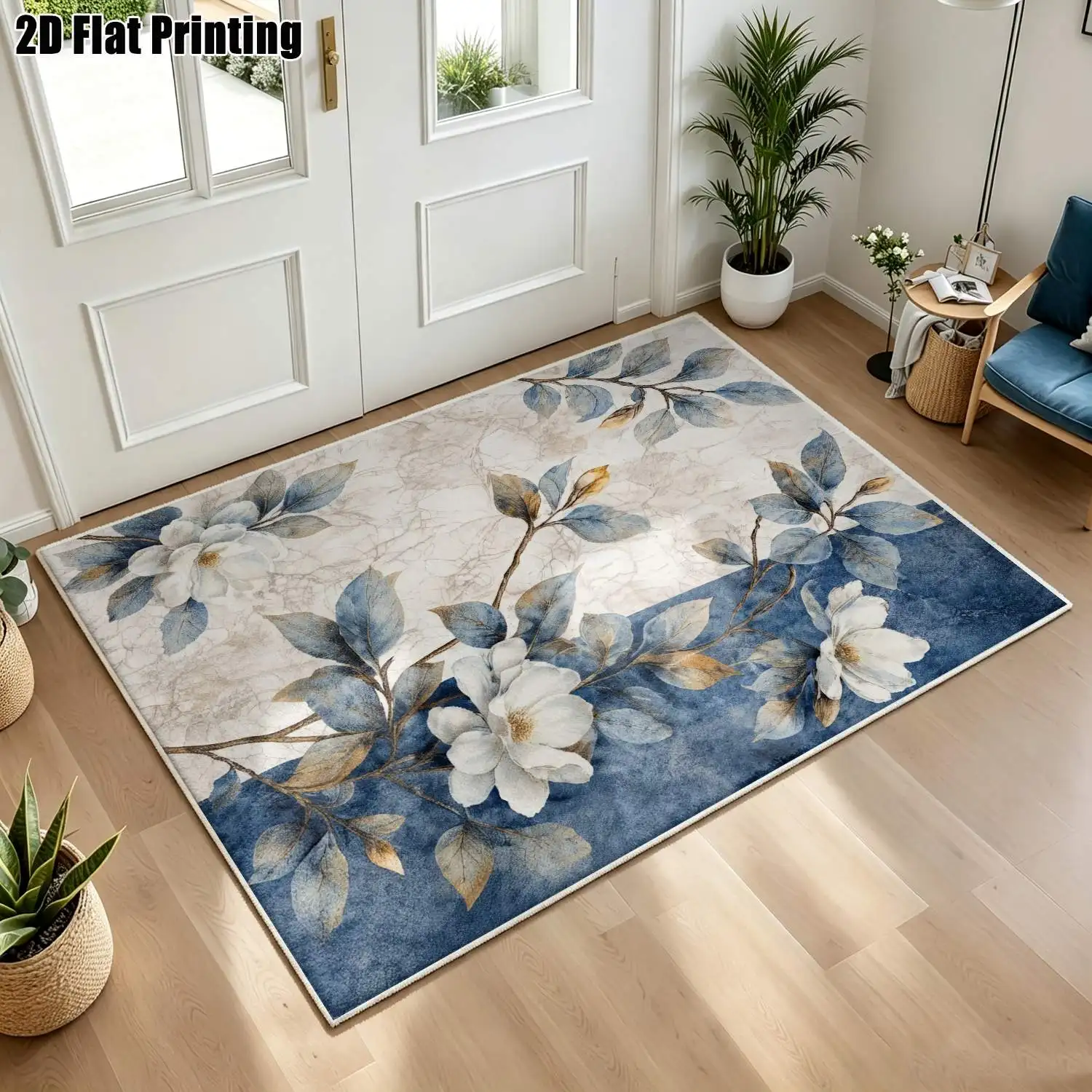 1Pc 2D Printed Blue-White Floral Velvet Carpet: Nordic/Instagram/Minimalist/European Retro Style, Multi-Scene Floor Mat, Washable, Multi-Size Home Decor