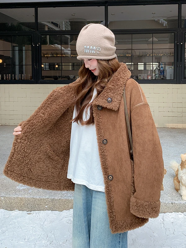 Casaco Feminino de Pele de Cordeiro Ort, Reversível, Quente, Casual, Ajuste Solto com Capuz para Outono e Inverno