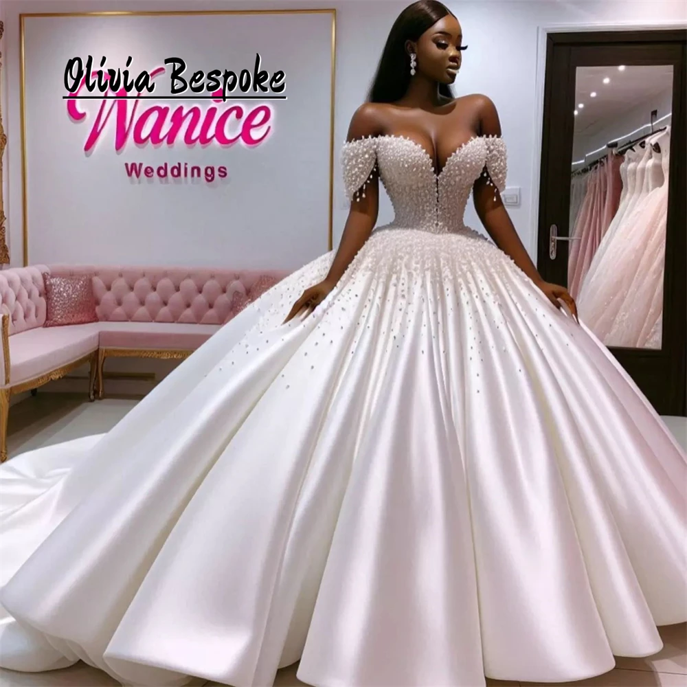 

Fantastic Off The Shoulder African Wedding Dresses Beads Crystals Luxury Bridal Gowns 2025 Aso Ebi Style Ball Gown Customized