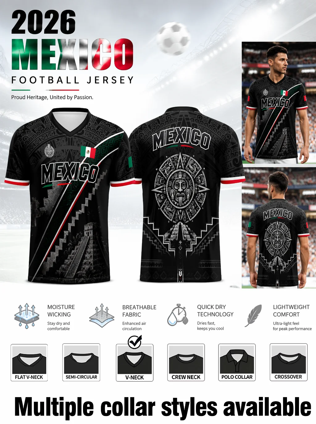 Vintage Aztec motif Mexico soccer uniform, fast‑drying breathable cloth, diverse collar styles for daily and sports use