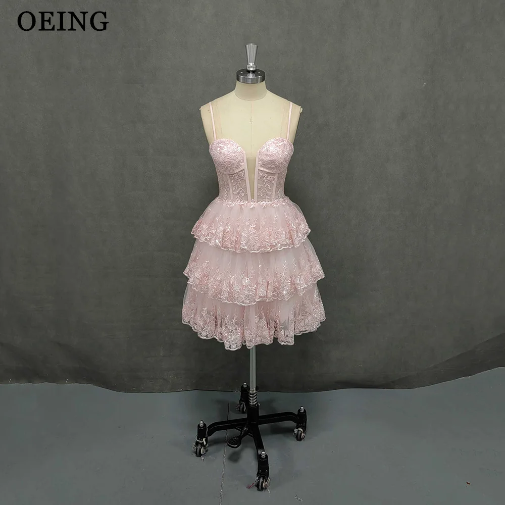 

OEING Spaghetti Straps V Neck A Line Homecoming Dress Short Tiered Cocktail Dress Sparkling Glitter Pink Formal Party Gown