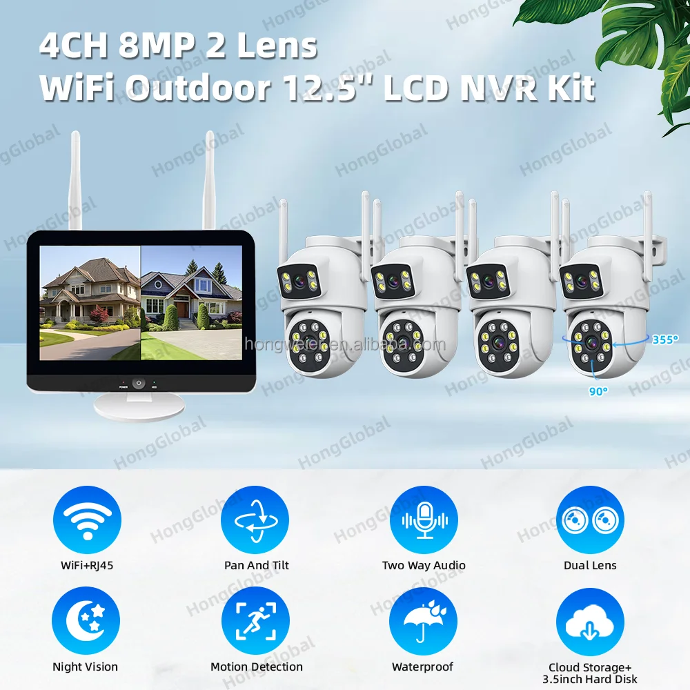 HongGlobal 8MP 4CH Dual Lens LCD WiFi IP Indoor Outdoor Wireless Home Security CCTV Camera Eseecloud NVR Kit Surveillance System