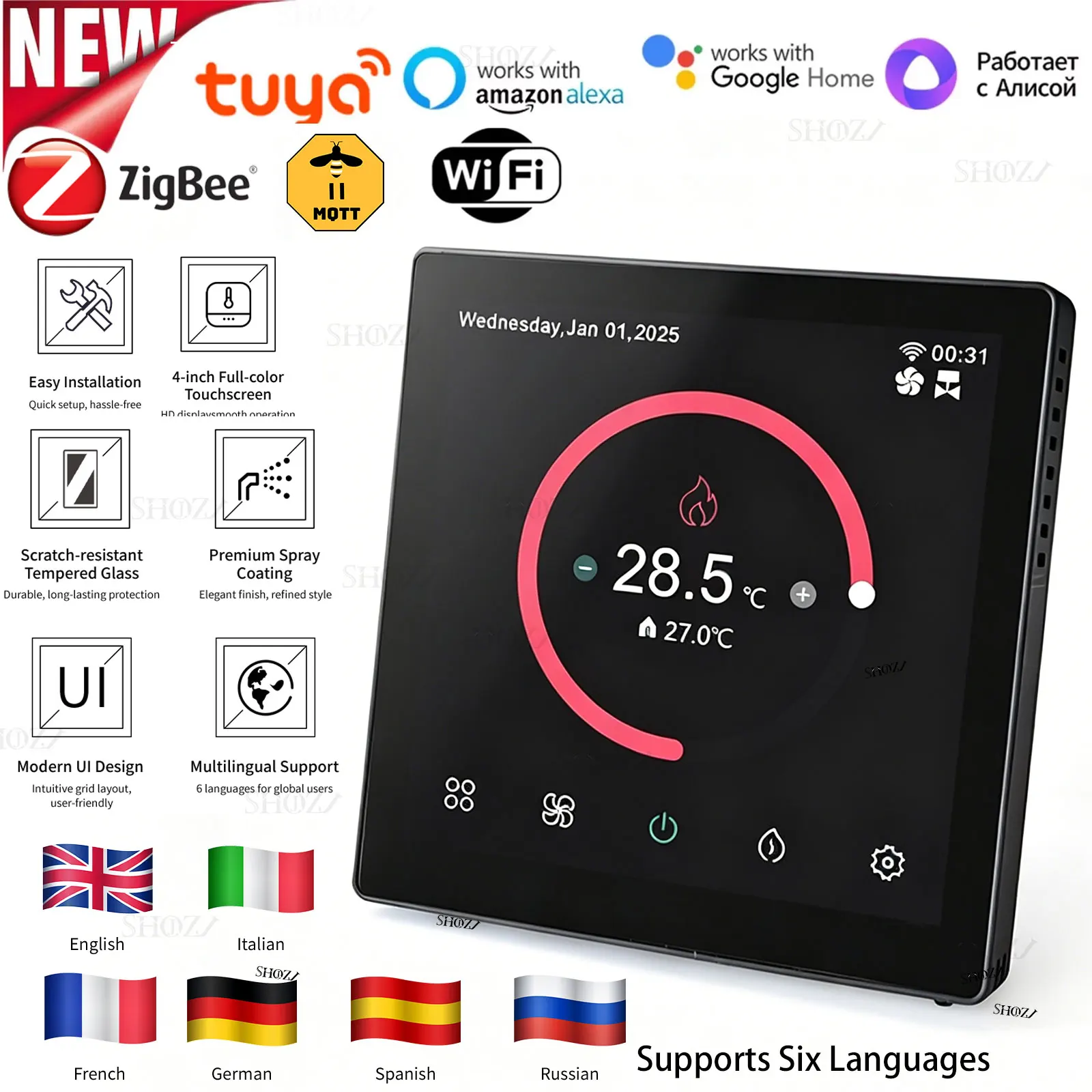 TUYA Zigbee/Wifi Smart Thermostat, Programmable Digital Heat Cool Temperature Controller with 3 Speed Fan, ℃/℉ Switch, for Centr