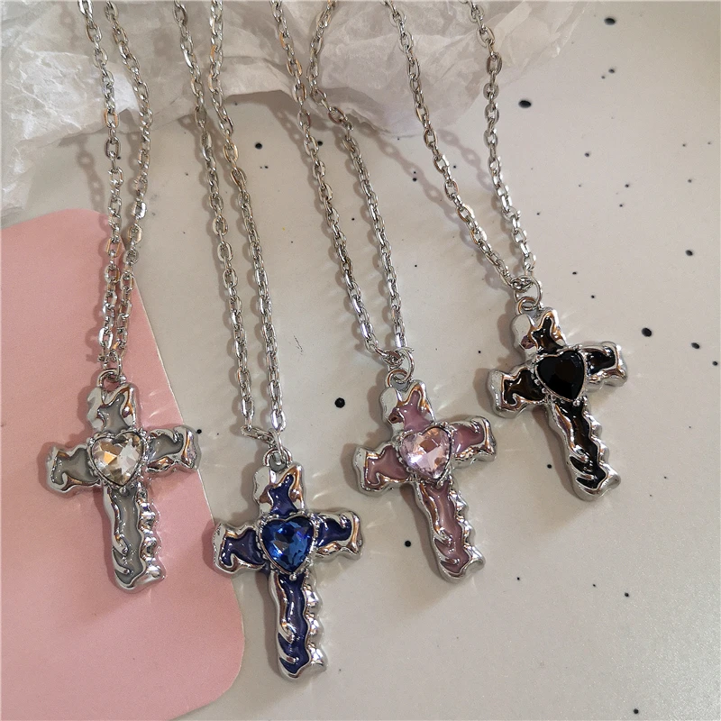 Trendy Vintage Punk Black Pink Blue Transparent Cross Pendant Chain Necklace For Women Men Y2k Cool Neck Jewelry EMO Accessorie