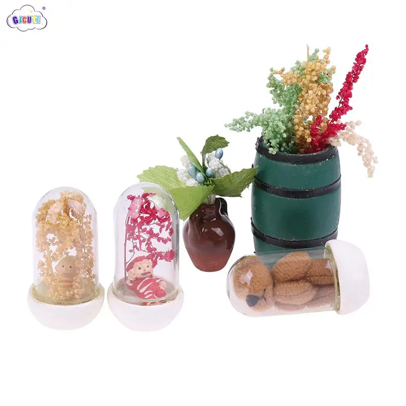 1Pc 1:12 Dollhouse Glass Dome Display Doll Bear Jar Potted Plant Desktop Ornament Miniature Home Decoation Toy