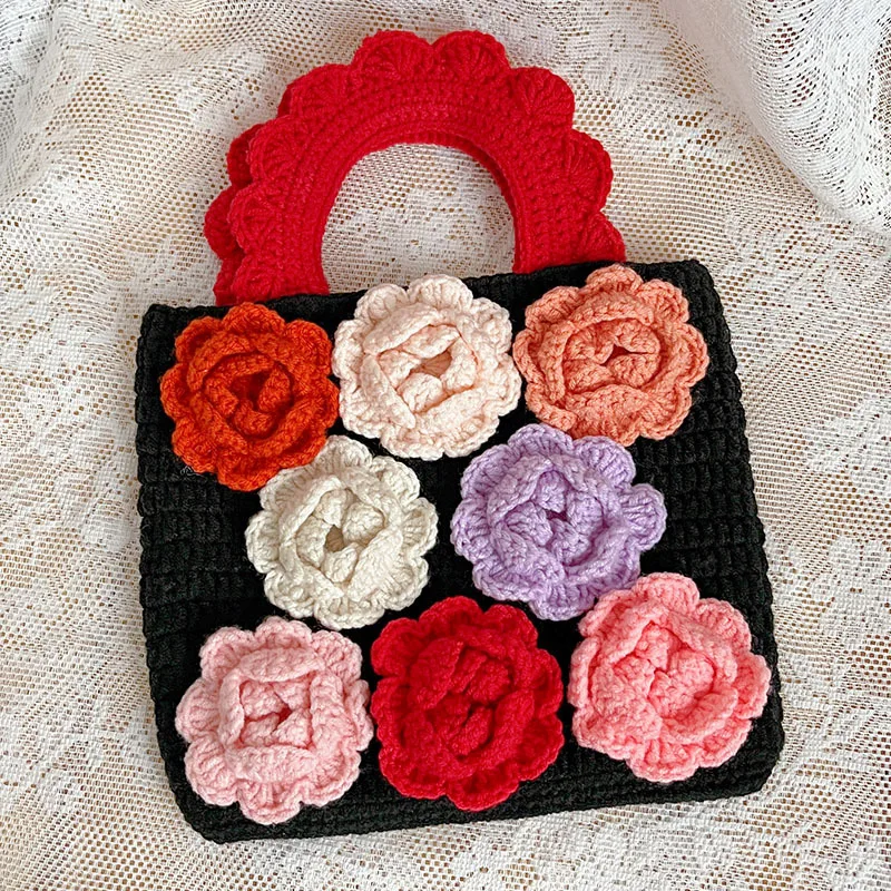 DIY Hand-woven Rose Retro Bag Wool Crochet Horizontal Style Square Open Lady Handbag