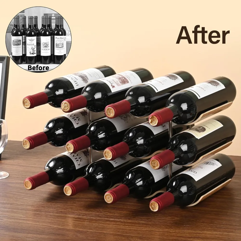 12 Bottle Wooden Wine Rack - 3 Tier Freestanding Holder for Kitchen Bar Storage