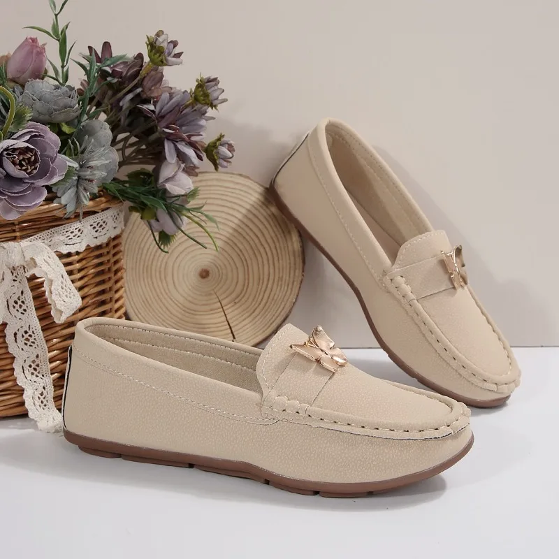 Осенние лоферы без шнуровки, женские туфли на плоской подошве с круглым носком, женские туфли на плоской подошве с металлическим бантом и мягкой подошвой, повседневные однотонные кроссовки Zapatos Mujer