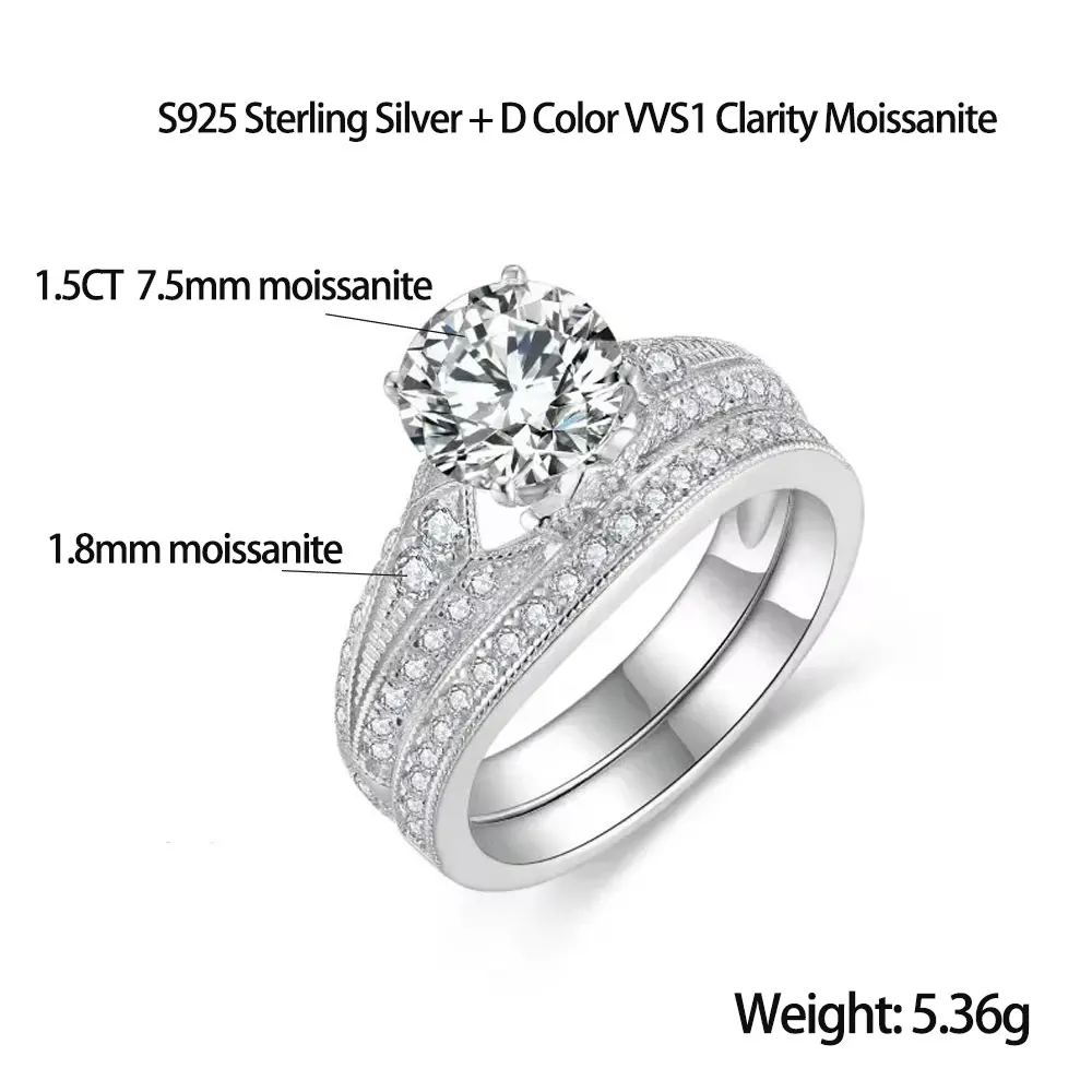 Pretty Beauty 1.5CT Moissanite Engagement Ring for Women S925 Silver Triple Row Pave Band Wide Band Wedding Band Luxury Jewelry