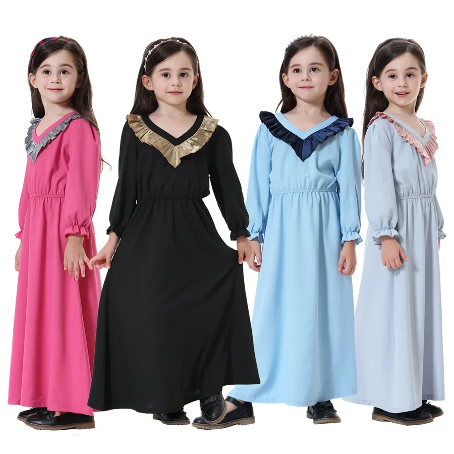 

Muslim Children Abaya Girls V-Neck Long Prayer Robe Gowns Puff Sleeve Kids Dress Kimono Ramadan Middle East Moroccan Arab Caftan