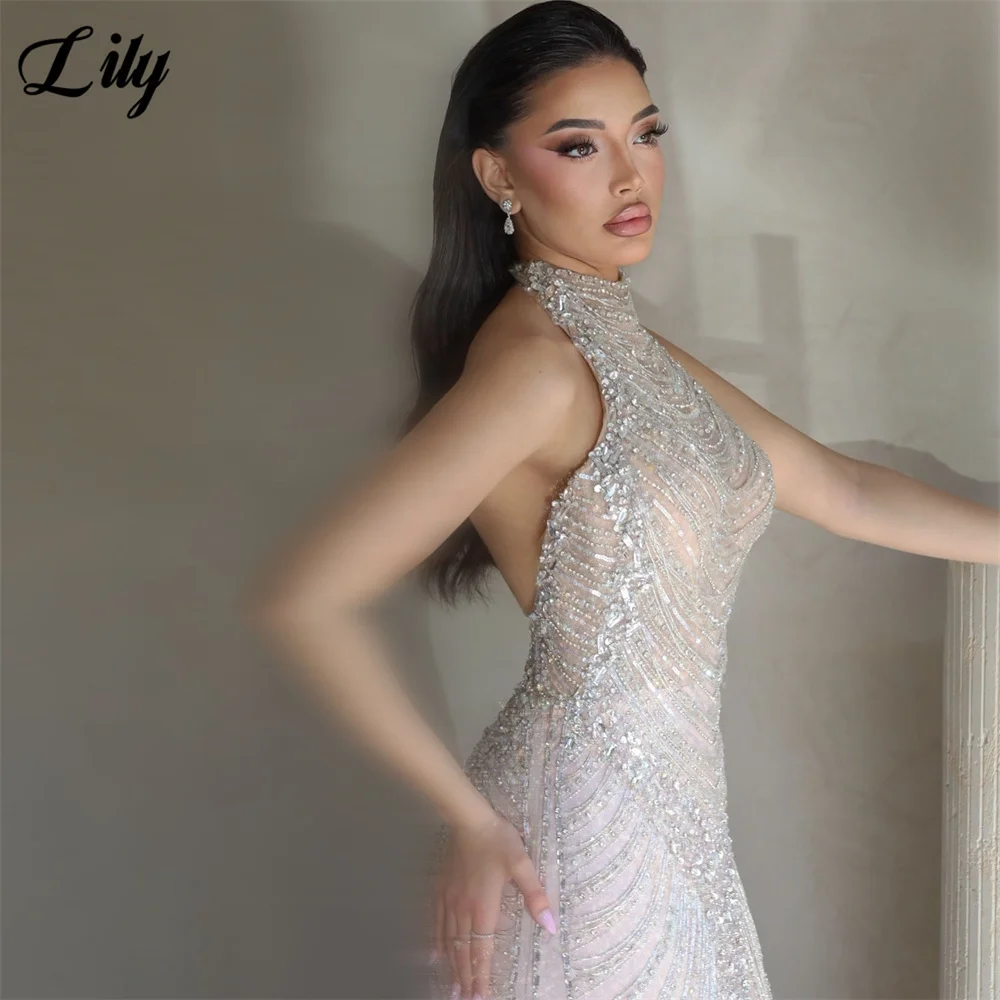Lily White Luxury Formal Gown Draped Layered Rhinestone Prom Dresses Halter Mermaid Evening Dress Sleeveless 프롬 드레스 Customized