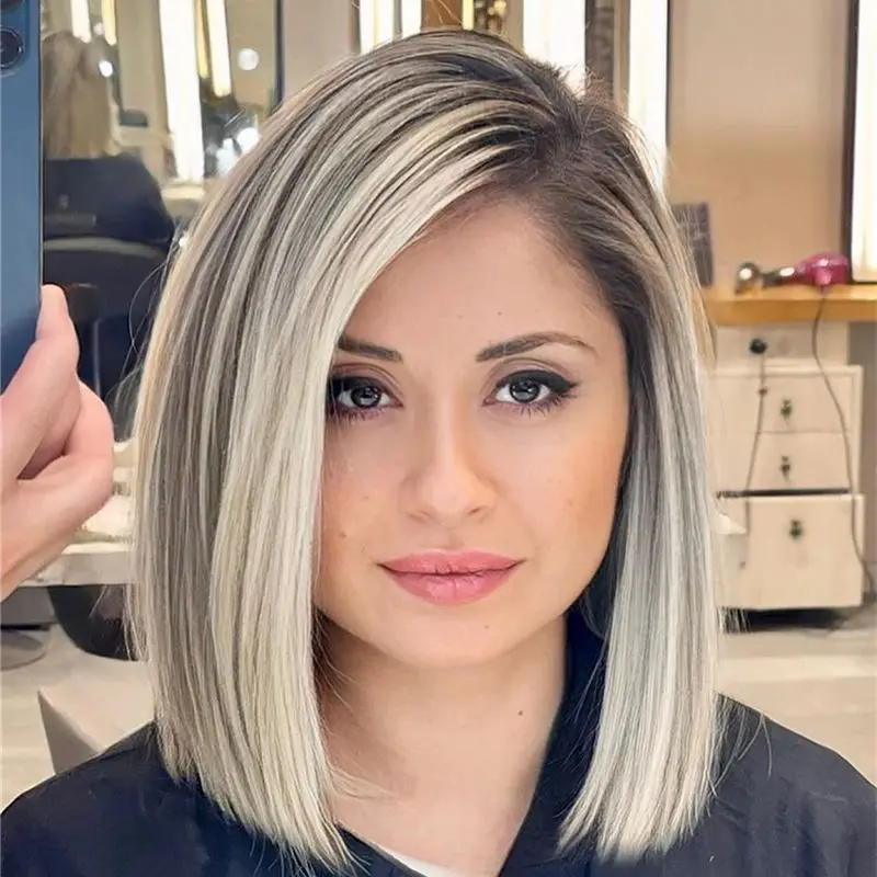 

Ombre Golden Blonde Bob Wig Light Gray Ash Blond Highlights Synthetic Lace Front Wigs Short Straight Cosplay Wig Sale for Women
