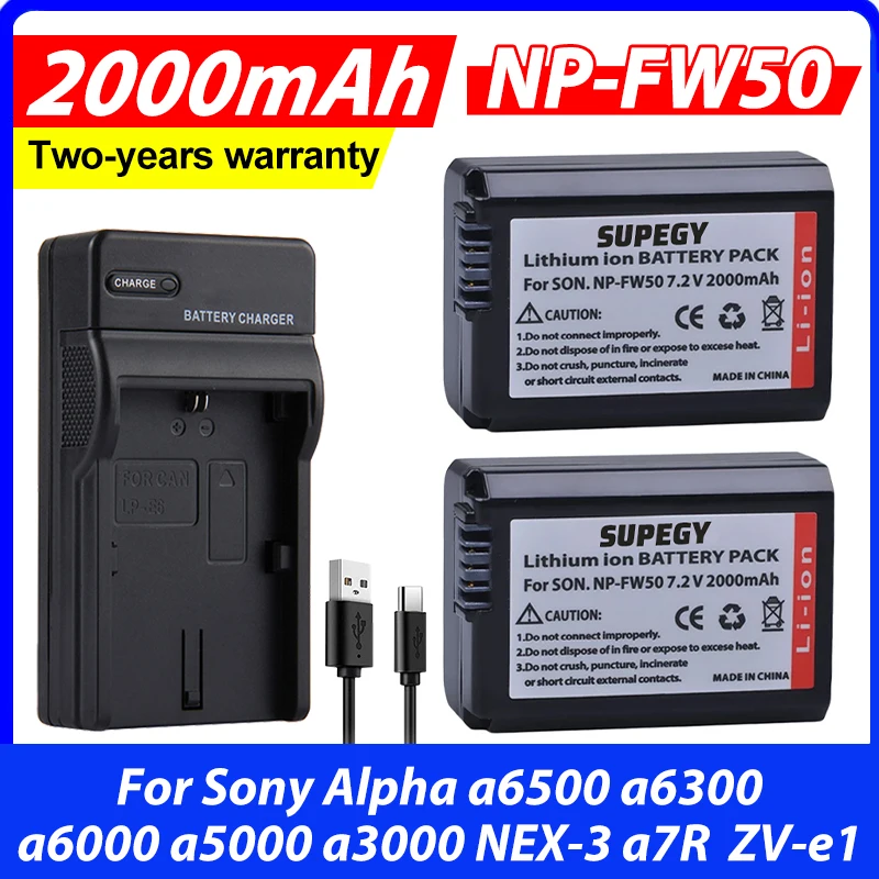 2000mAh NP-FW50 NP FW50 Camera Battery + LCD USB Dual Charger for Sony Alpha a6500 a6300 a6000 a5000 a3000 NEX-3 a7R  ZV-e1