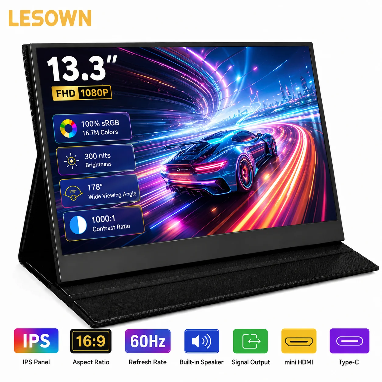LESOWN 13.3" FHD Type-C Portable Monitor 1080P External Display VESA 75 Metal Case Secondary Screen for PC Laptop Extension